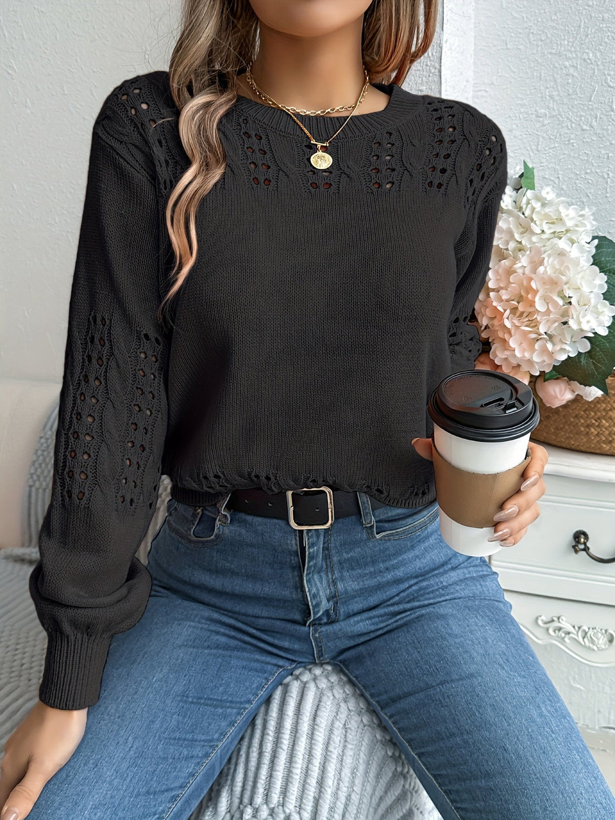 Pointelle Knit Solid Pullover Sweater, Casual Vacation Style Long Sleeve Crew Neck Sweater