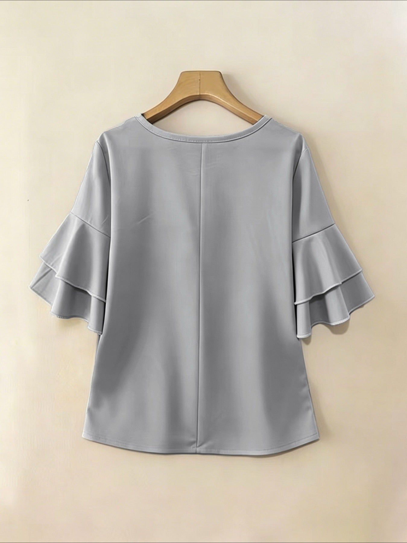 Elegant Fashion Summer Loose Solid Round Neck Button-Up Shirt Flared Sleeve Ruffle Top