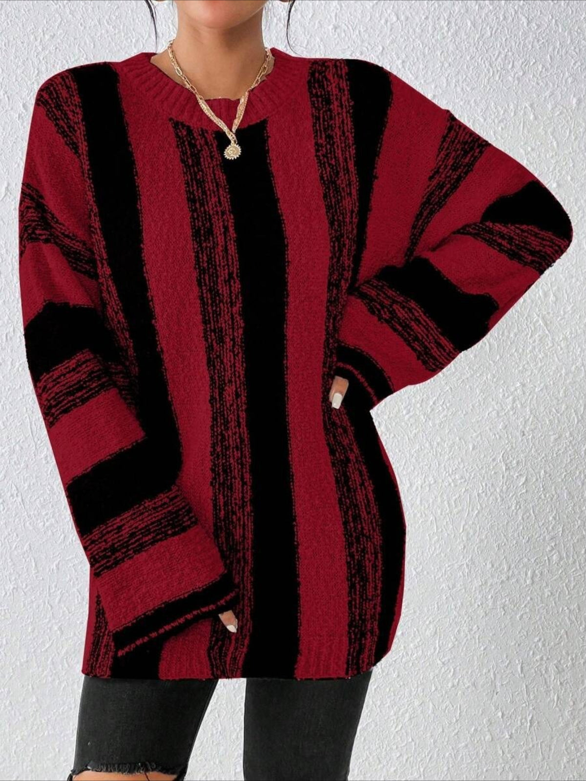 Striped Split Joint Winter Casual Long Sleeve Crew Neck Sweater