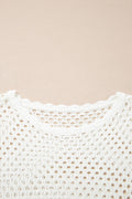 White Scalloped Trim Hollow Out Knit Long Sleeve Top