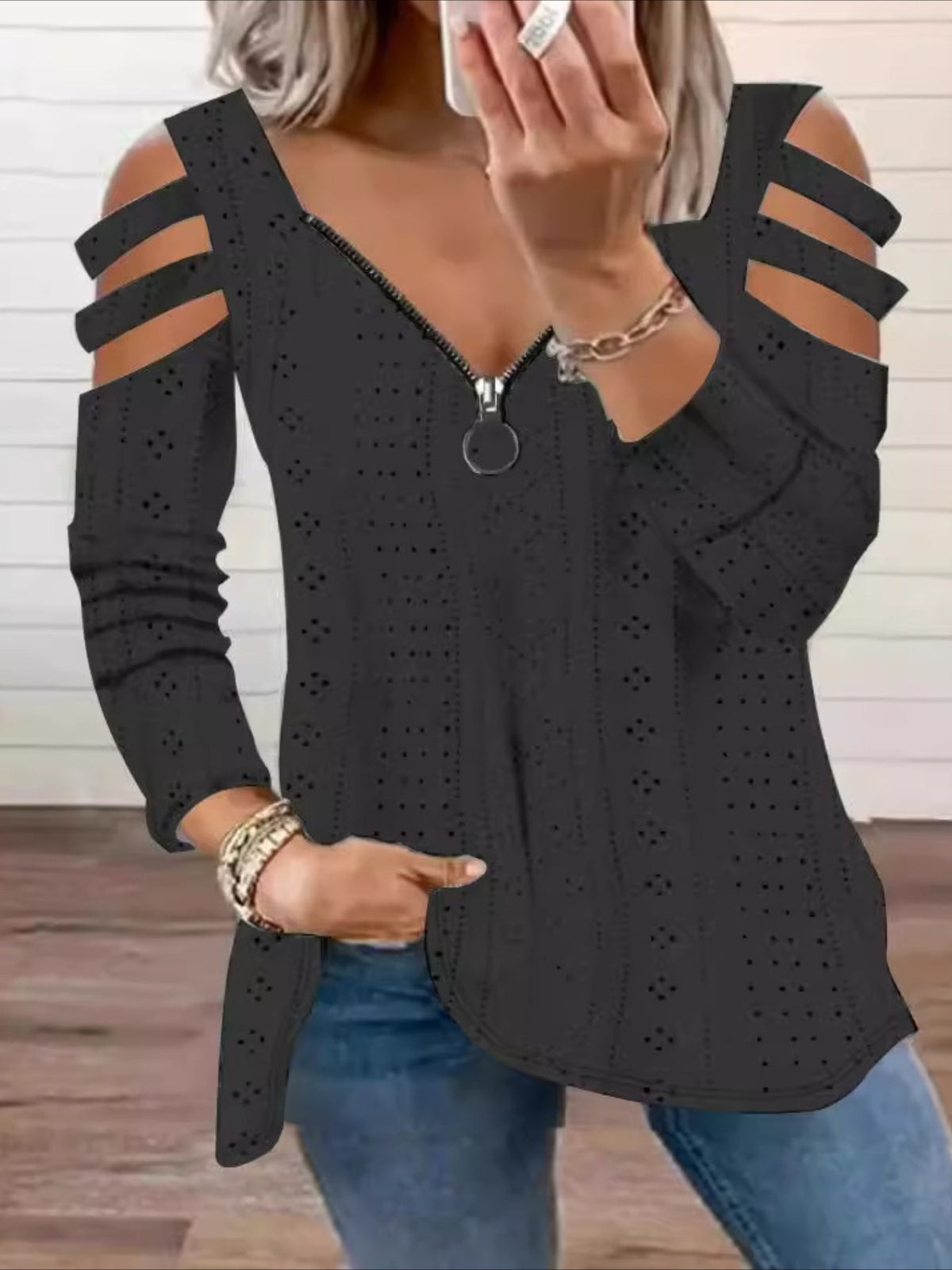 Eyelet Zipper T-Shirt, Casual Cut Out Short Sleeve Top