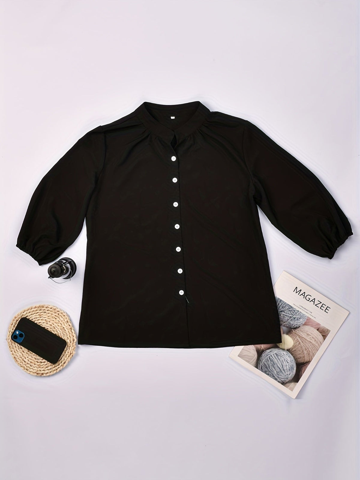 Solid Button Front Blouse, Casual Stand Collar Long Sleeve Blouse
