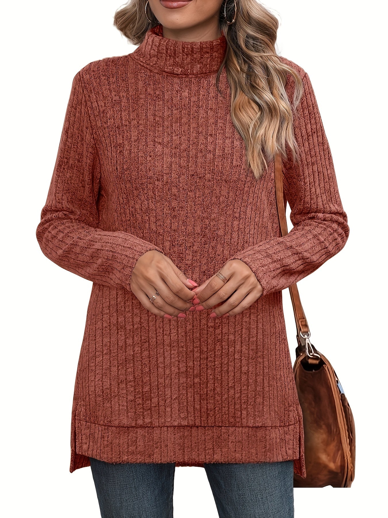 Ribbed Crew Neck Side Split T-Shirt, Casual Long Sleeve Top