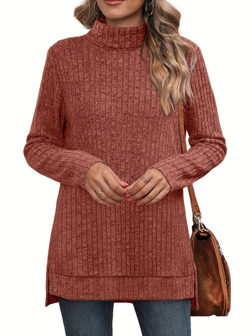 Ribbed Crew Neck Side Split T-Shirt, Casual Long Sleeve Top