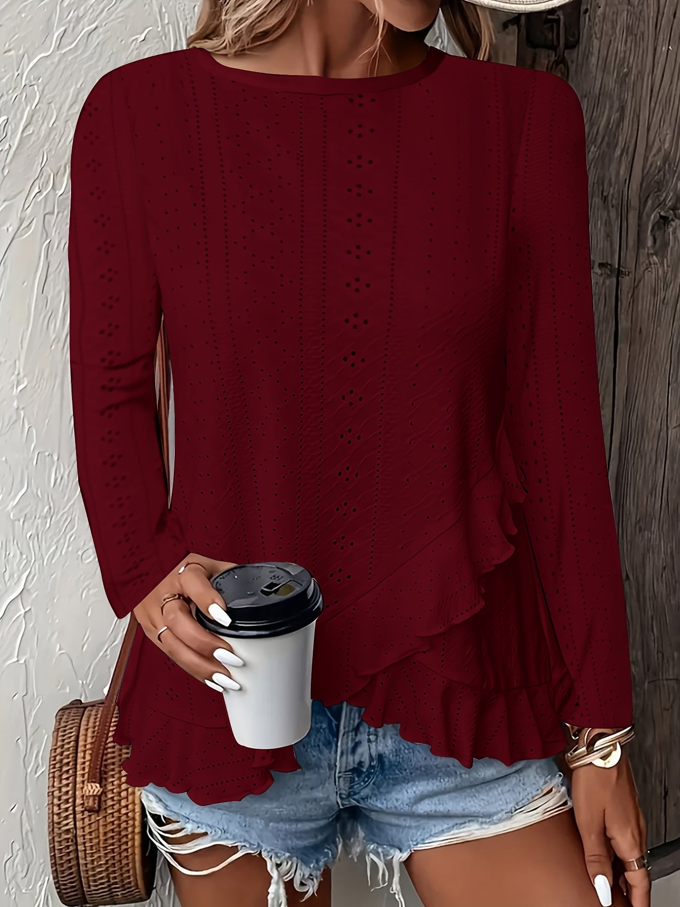 Stylish Asymmetrical Ruffle Hem Long Sleeve Top - Elegant Embroidered Solid Clothing