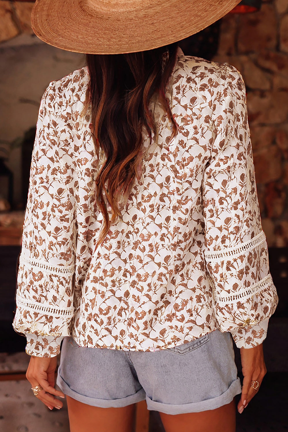 Yellow Printed Lace Detail Floral Puff Sleeve Fall Shirt