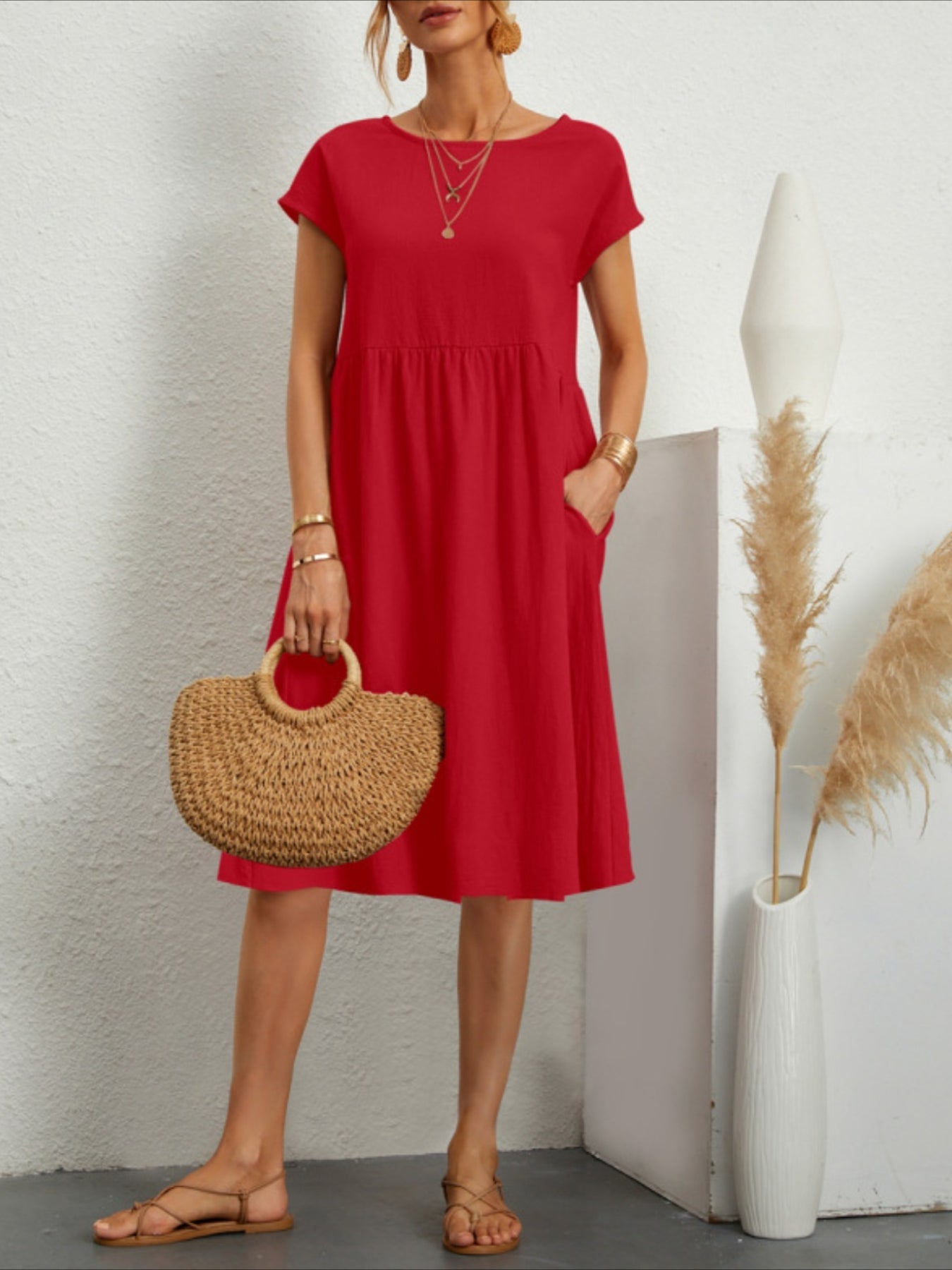 Solid Crew Neck Dress With Pocket, Casual Short Sleeve Midi Dress