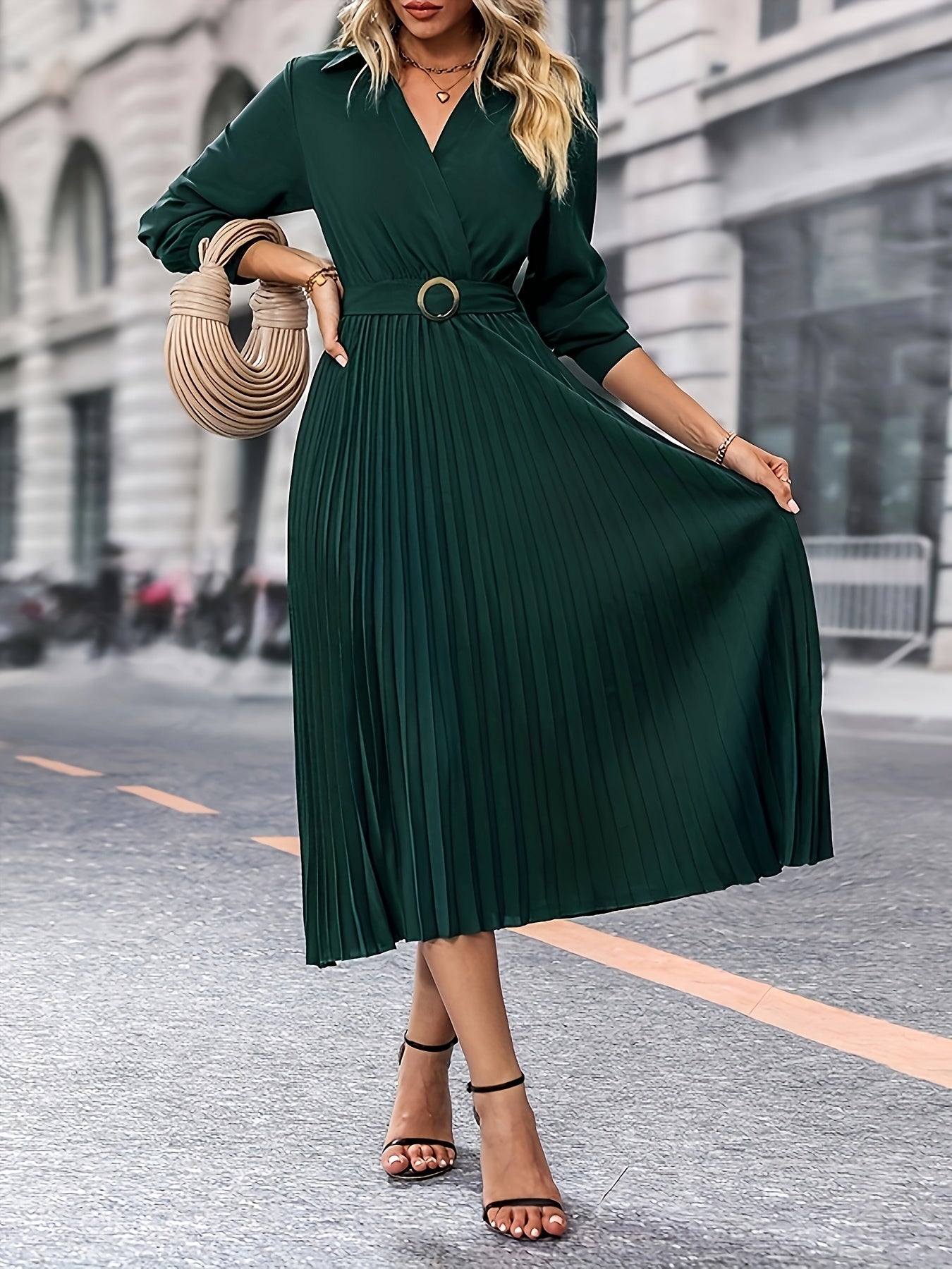 Surplice Neck A-line Pleat Dress, Elegant Long Sleeve Belt Dress