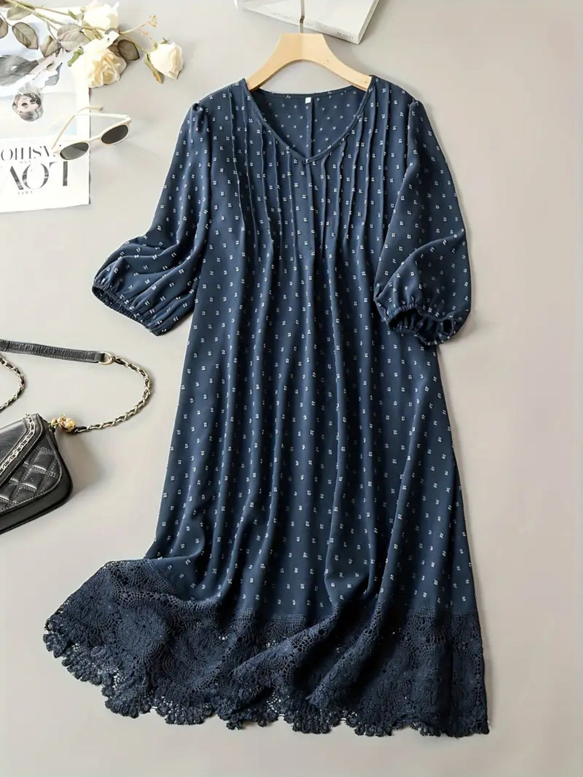Swiss Dot Dress, Elegant V Neck with Lace Hem