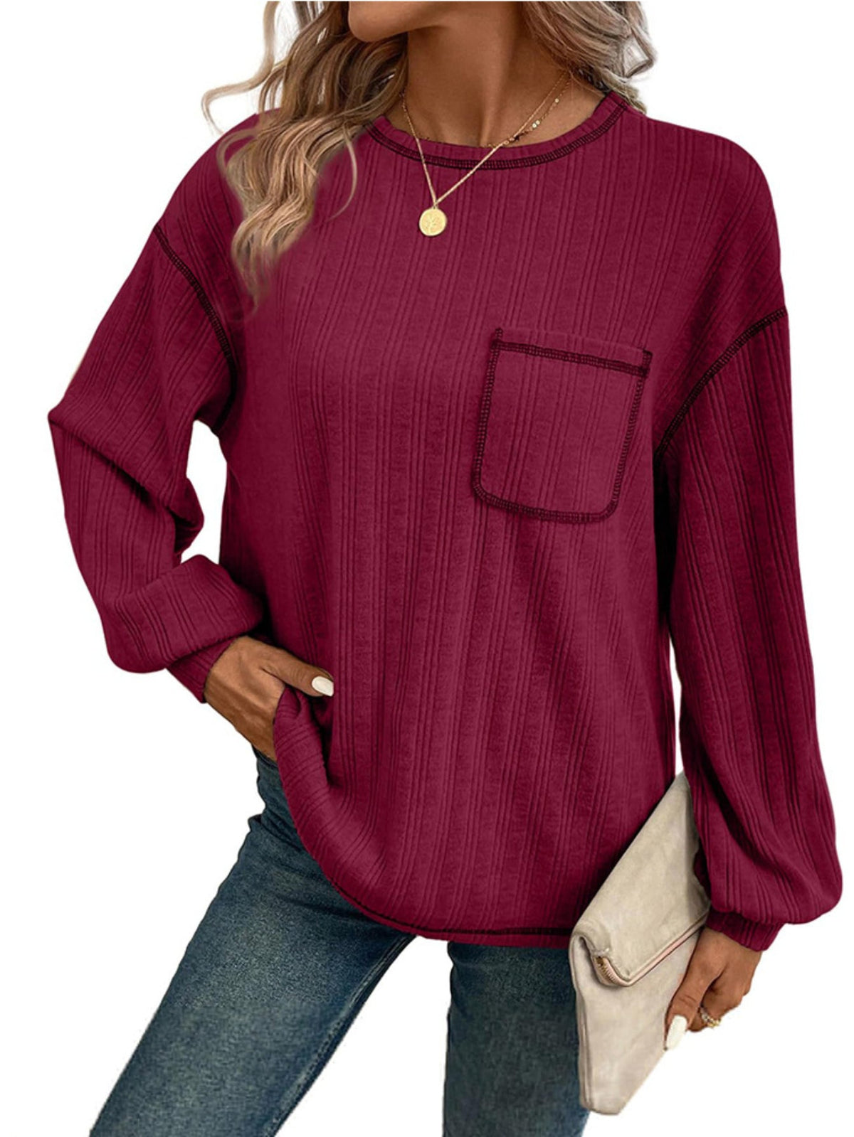 Long Sleeve Shirts Solid Crewneck Knitted Loose Fit Pullover Shirts Tops