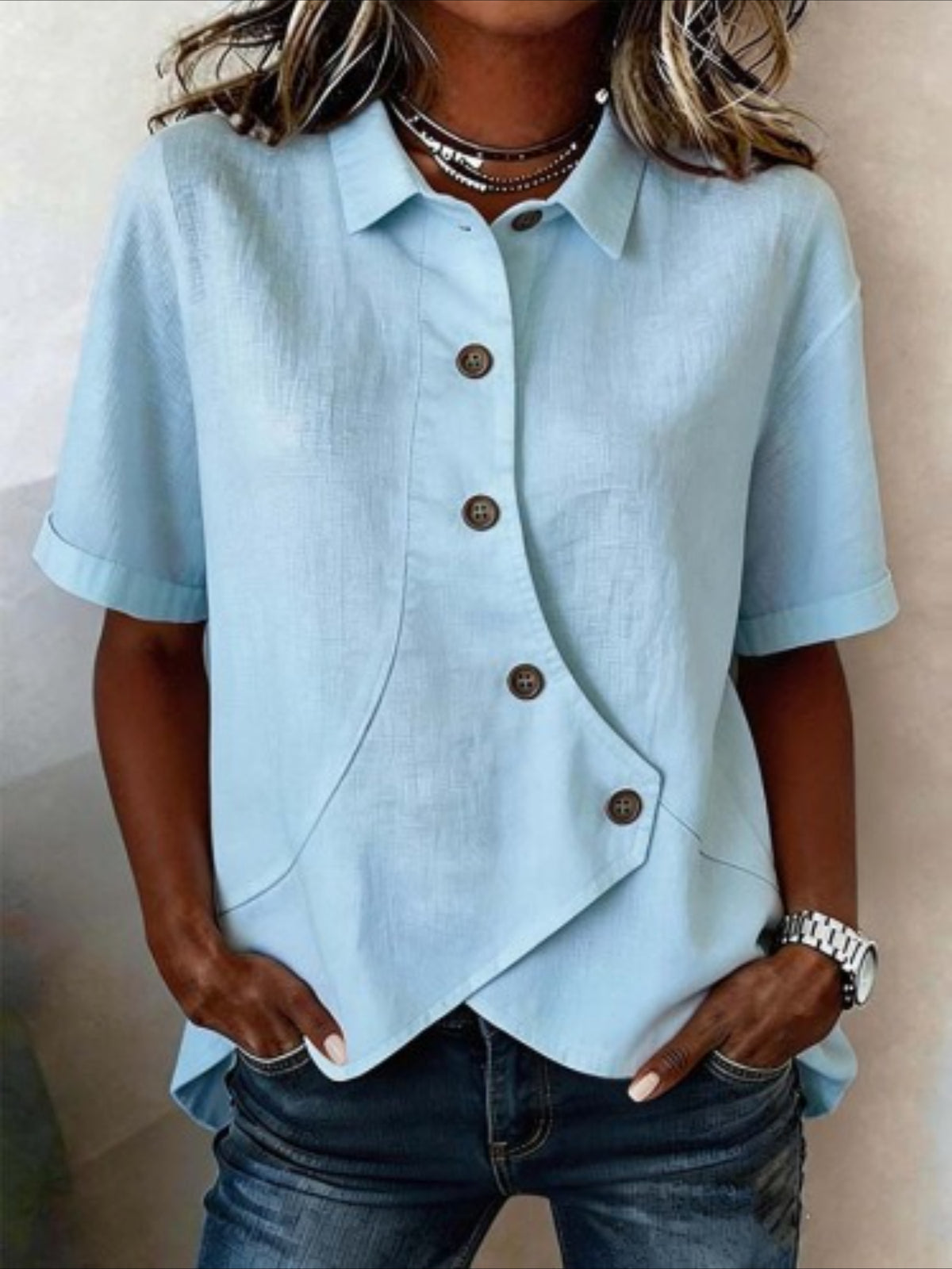 Cotton And Linen Shawl Collar Short Sleeve Asymmetry Placket Design Button Summer Going Out Casual Shirt
