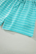 Sky Blue Stripe Raised Rib Loose Tee Drawstring Elastic Waist 2pcs Short Set