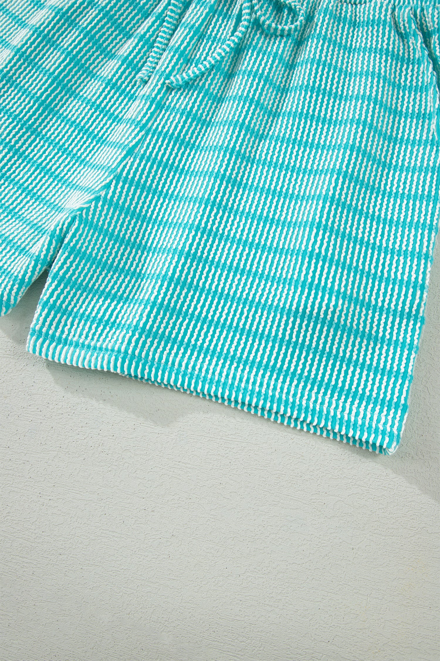 Sky Blue Stripe Raised Rib Loose Tee Drawstring Elastic Waist 2pcs Short Set