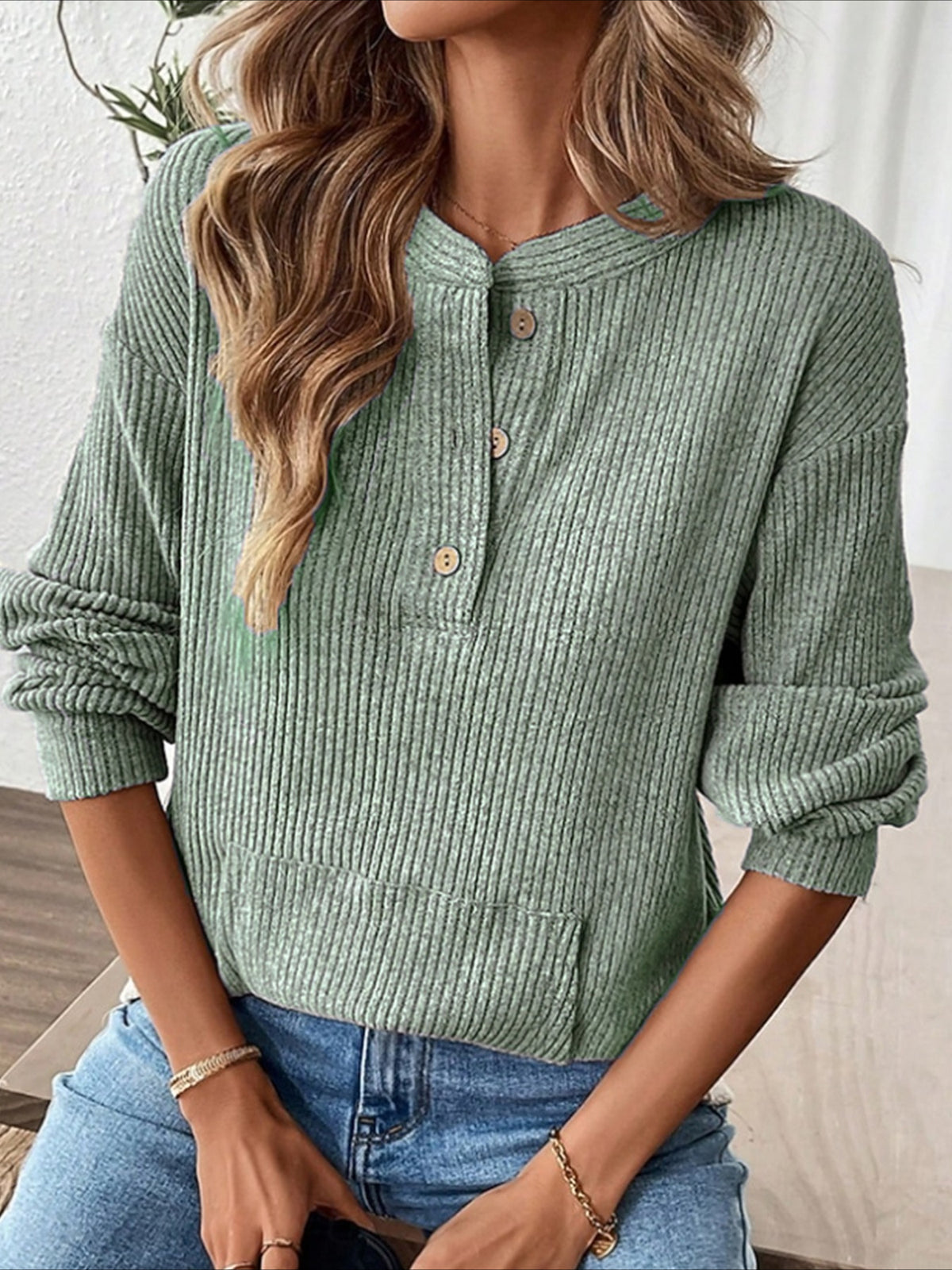 Ribbed Button Detail Long Sleeve T-Shirt