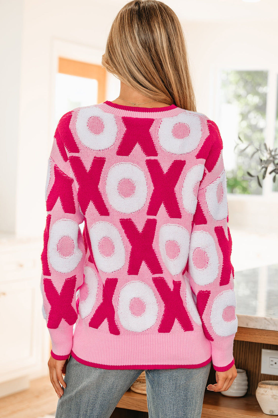 Pink XOXO Pattern Drop Shoulder Crewneck Valentines Sweater