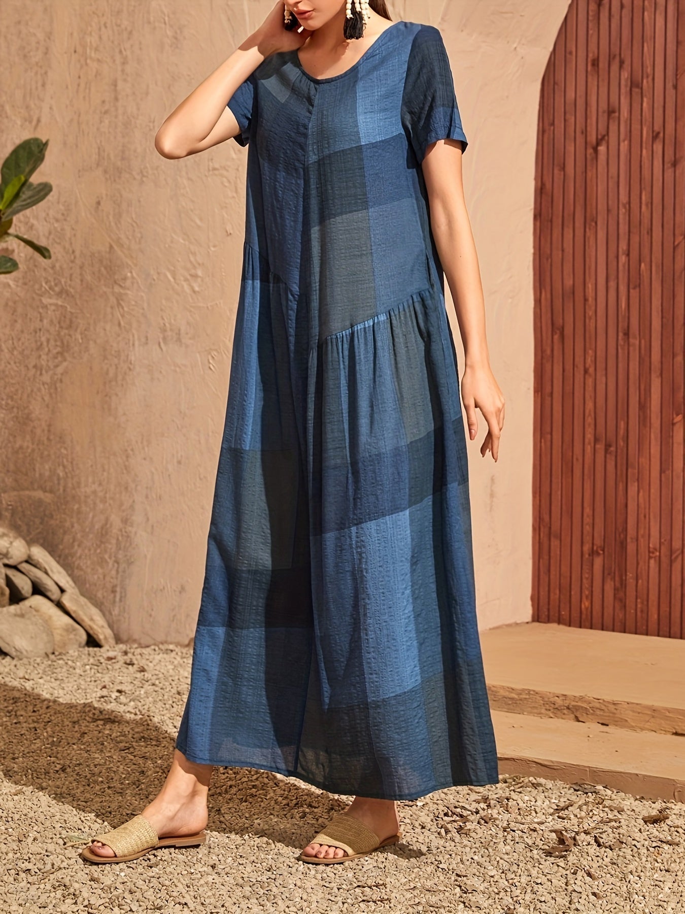 Loose Color Block Dress, Crew Neck Short Sleeve Vacation Dress, Casual Every Day Dress