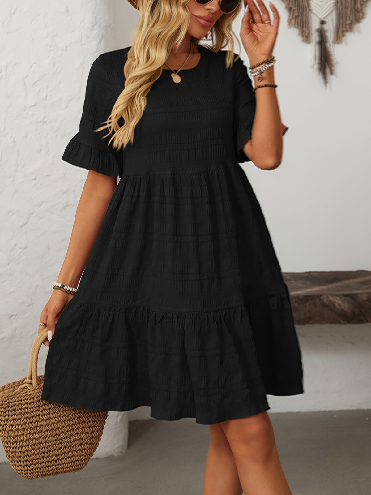 Square Neck Ruffle Detail Knee-Length Casual Short Sleeve Flowy Dress