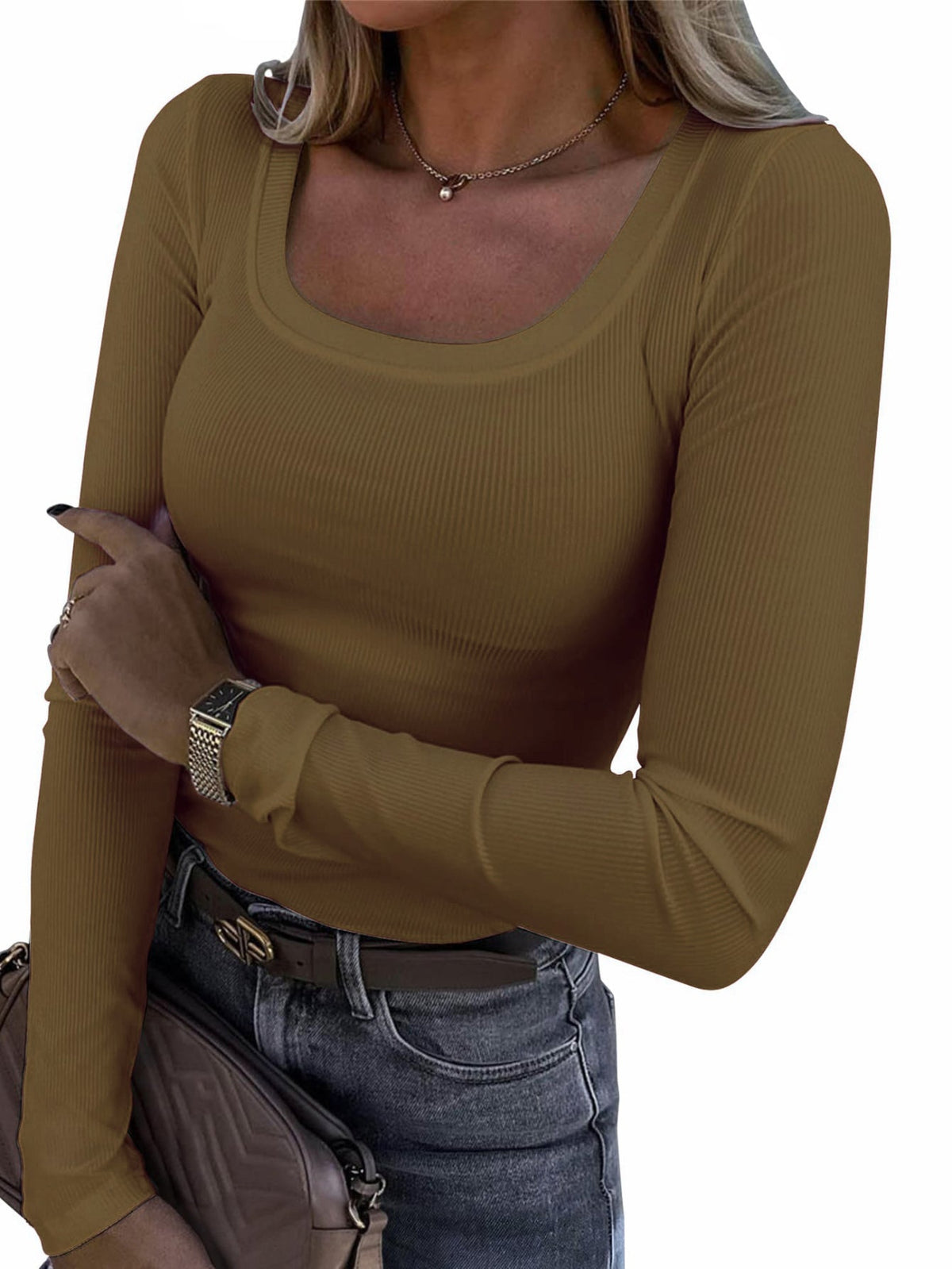 Casual Long Sleeve Square Neck T-shirt