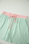 Clearly Aqua Plus Size Ribbed Color Block Trim Drawstring Shorts 2pcs Set