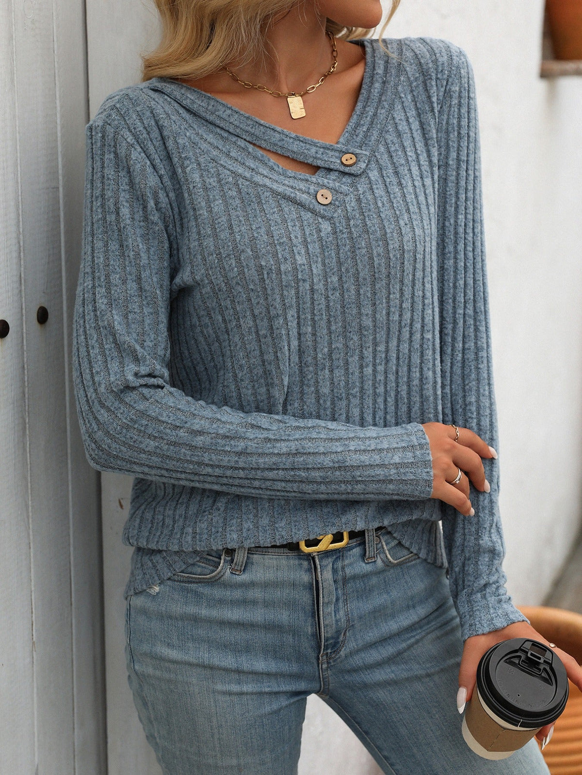Plus Size Button Detail T-Shirt, Casual Long Sleeve Top