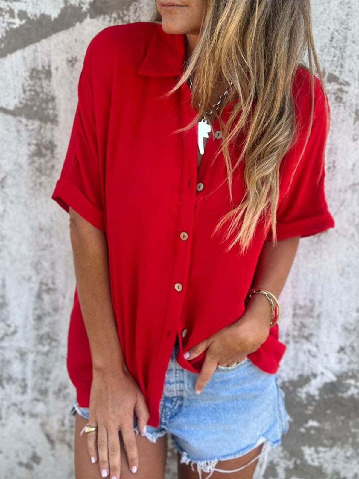 Casual Button Collared Short Sleeve Tunic Tops with Pocket