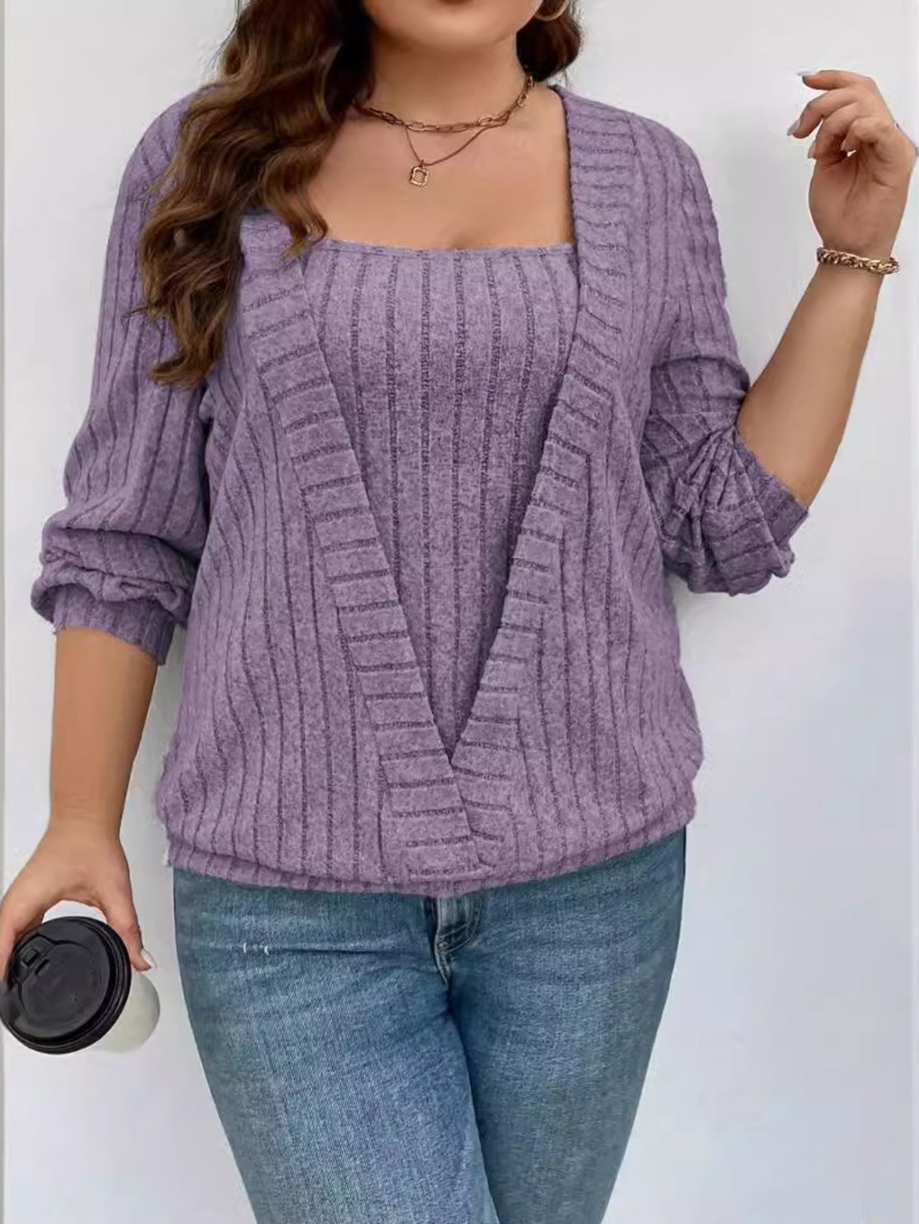 Women's Solid Color Rib Knit Embroidered 2-In-1 Casual Sweatshirt