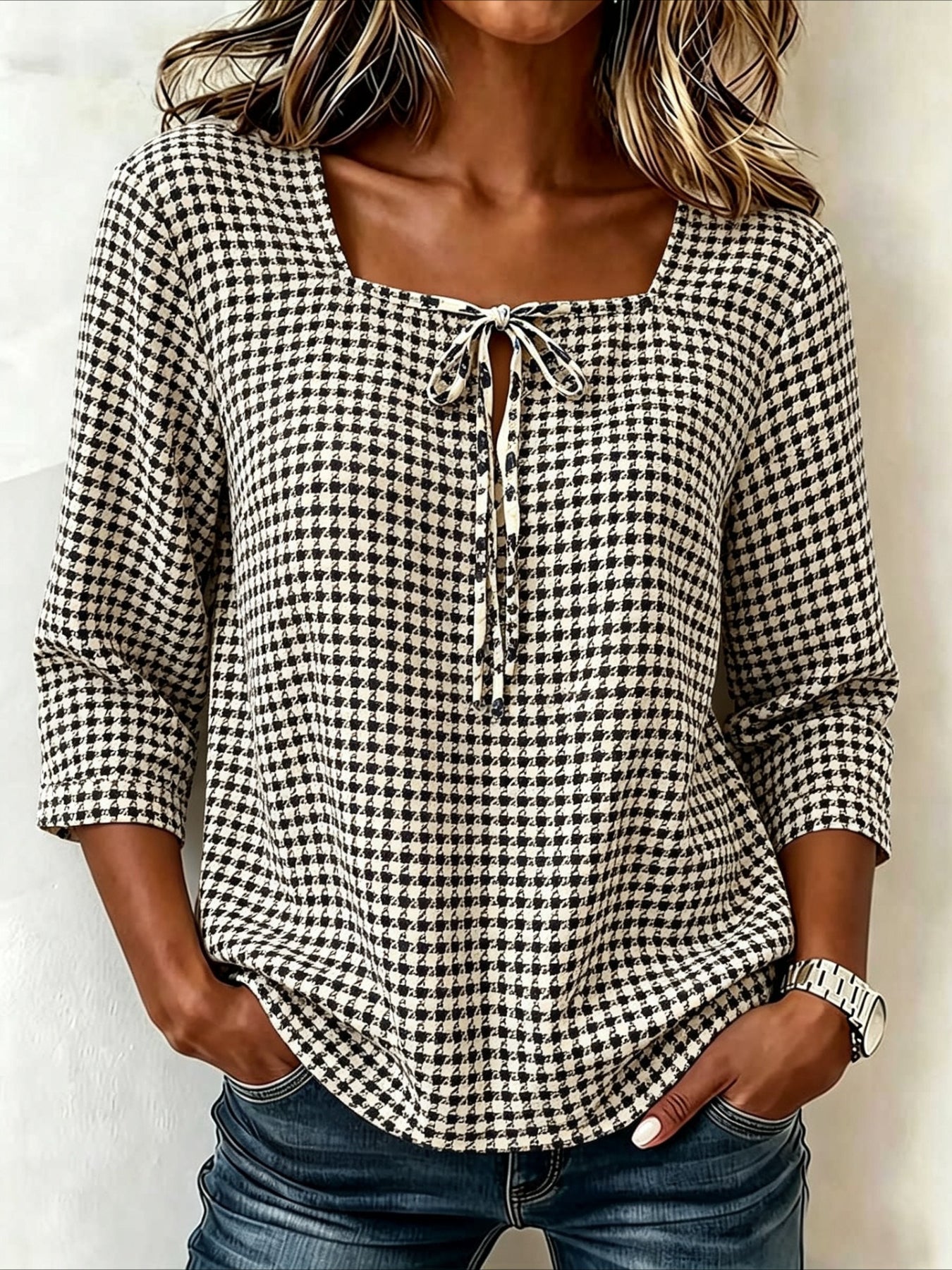 Floral Print Square Collar Lace up Seven Quarter Sleeve Top