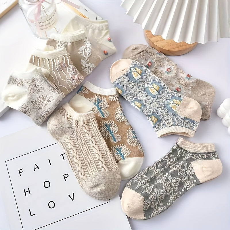 9 Pairs Floral Print Socks, Retro Style Soft & Lightweight Low Cut Ankle Socks