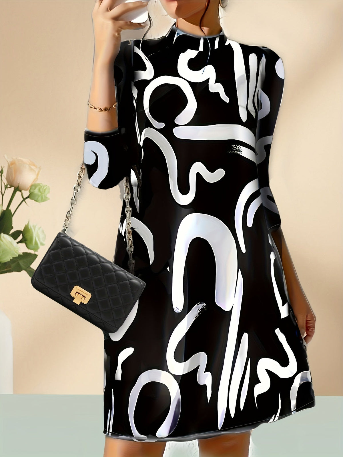 Abstract Print 3/4 Sleeve Dress, Casual Mock Neck Simple Dress