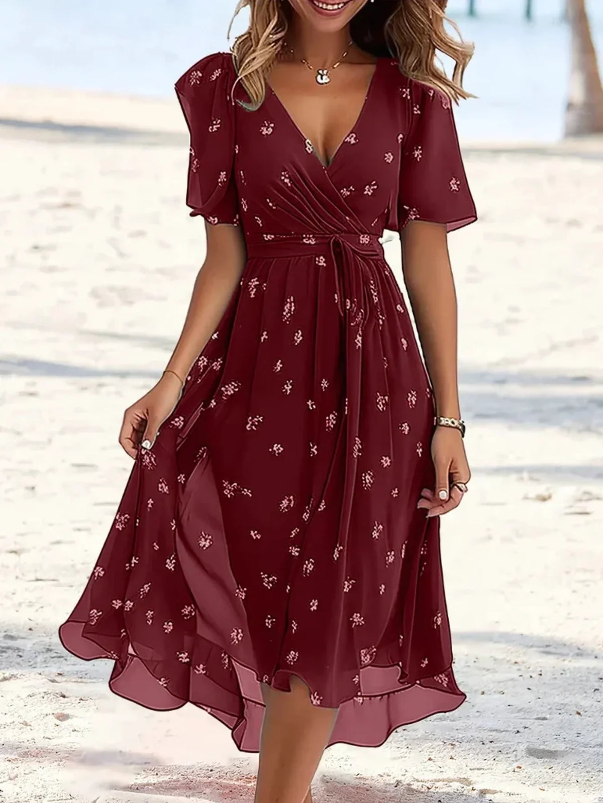 Short Sleeve V-Neck Floral Dress