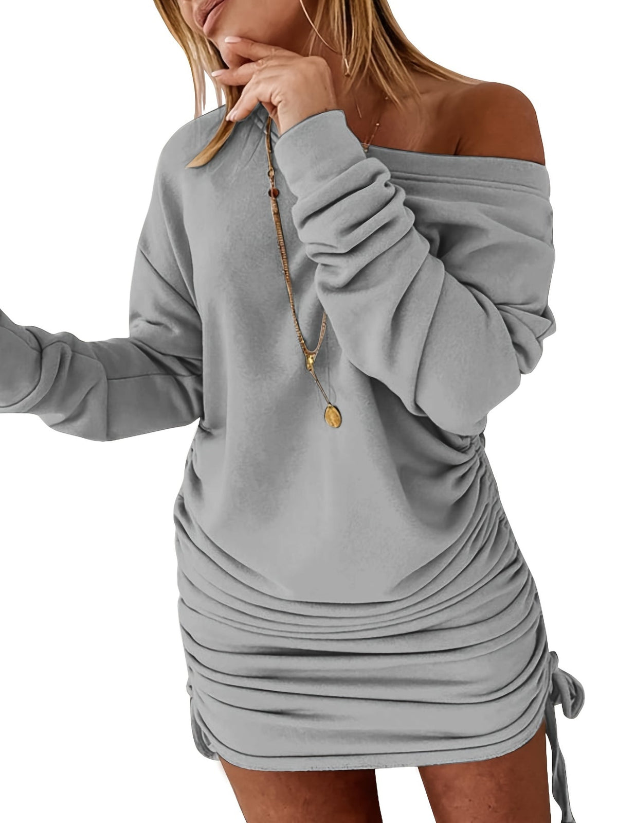 Solid Drawstring Pullover Sweatshirt Dress, Casual Ruched Long Sleeve Sweatshirt Dress