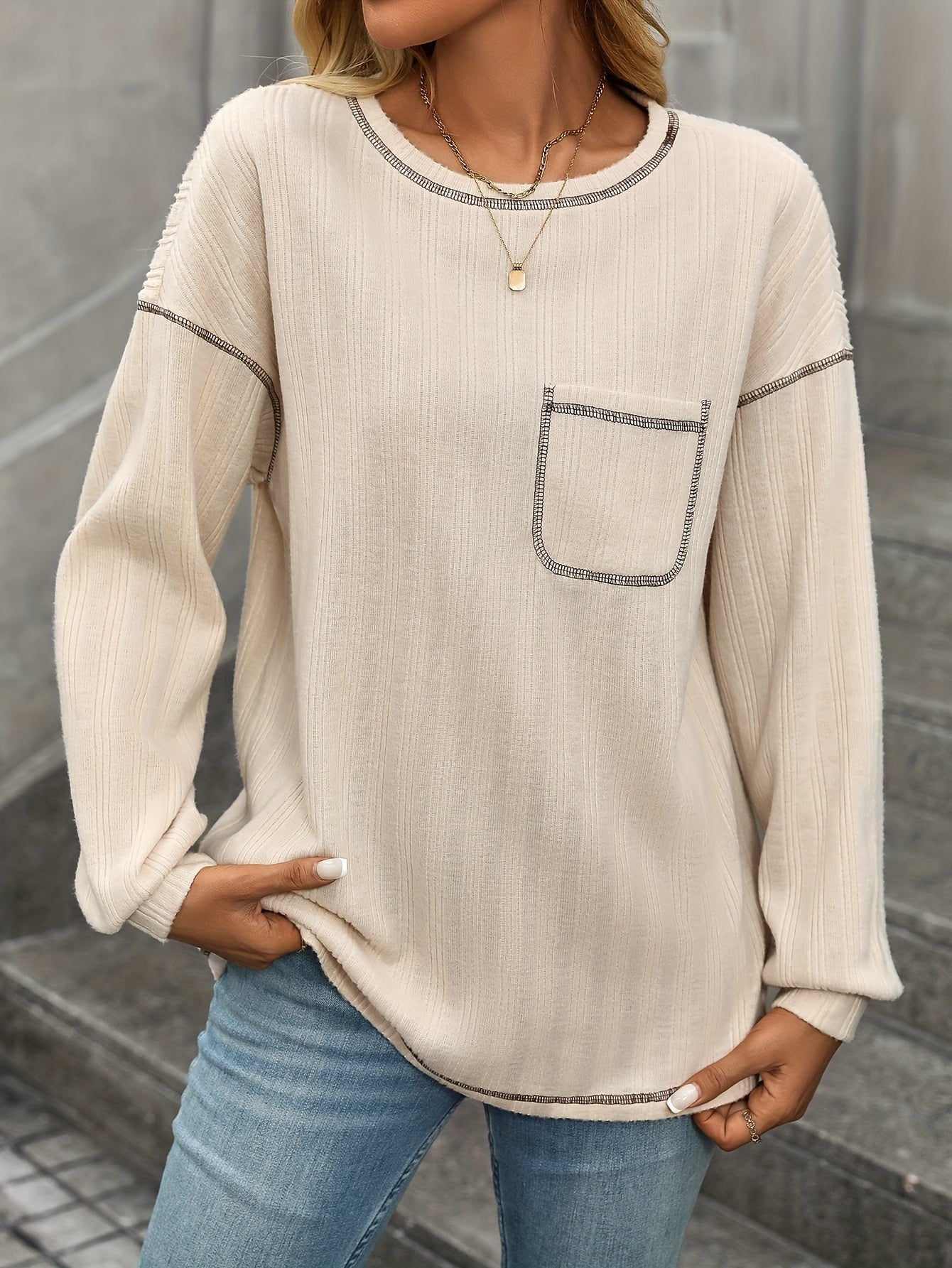 Long Sleeve Shirts Solid Crewneck Knitted Loose Fit Pullover Shirts Tops
