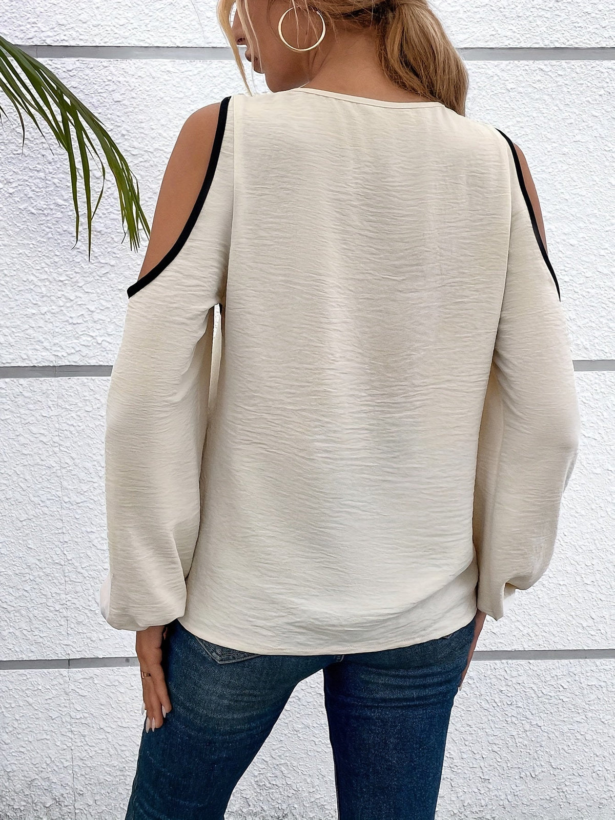 Color Block Cold Shoulder Blouse, Casual Long Sleeve Top