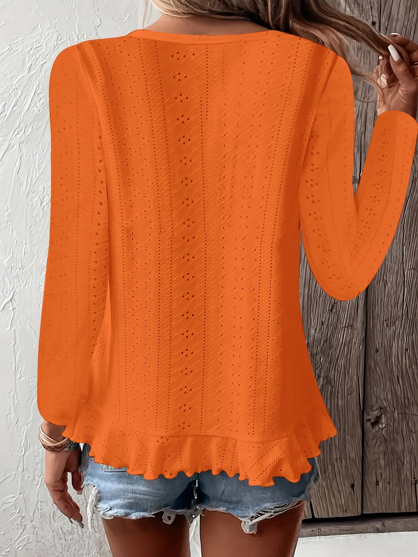 Stylish Asymmetrical Ruffle Hem Long Sleeve Top - Elegant Embroidered Solid Clothing