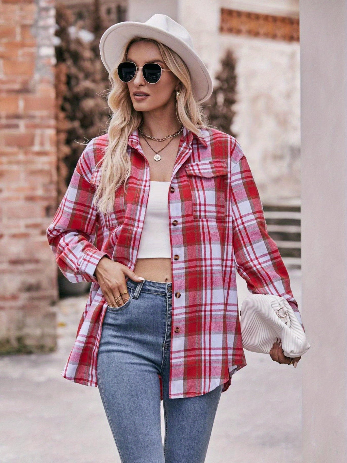Plaid Print Polo Collar Button Shirt, Casual Long Sleeve Shirt
