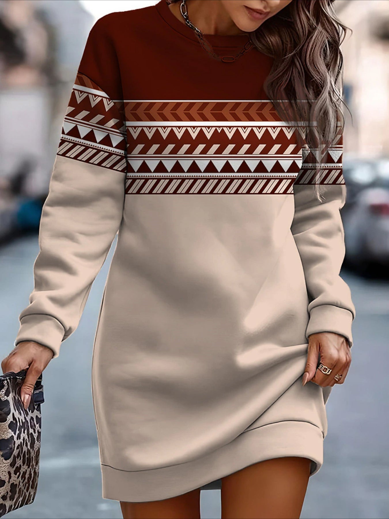 Women's Casual Geometric Pattern Long Sleeve Sweatshirt Dress - Polyester Knit Fabric, Fitted Style, Round Neck