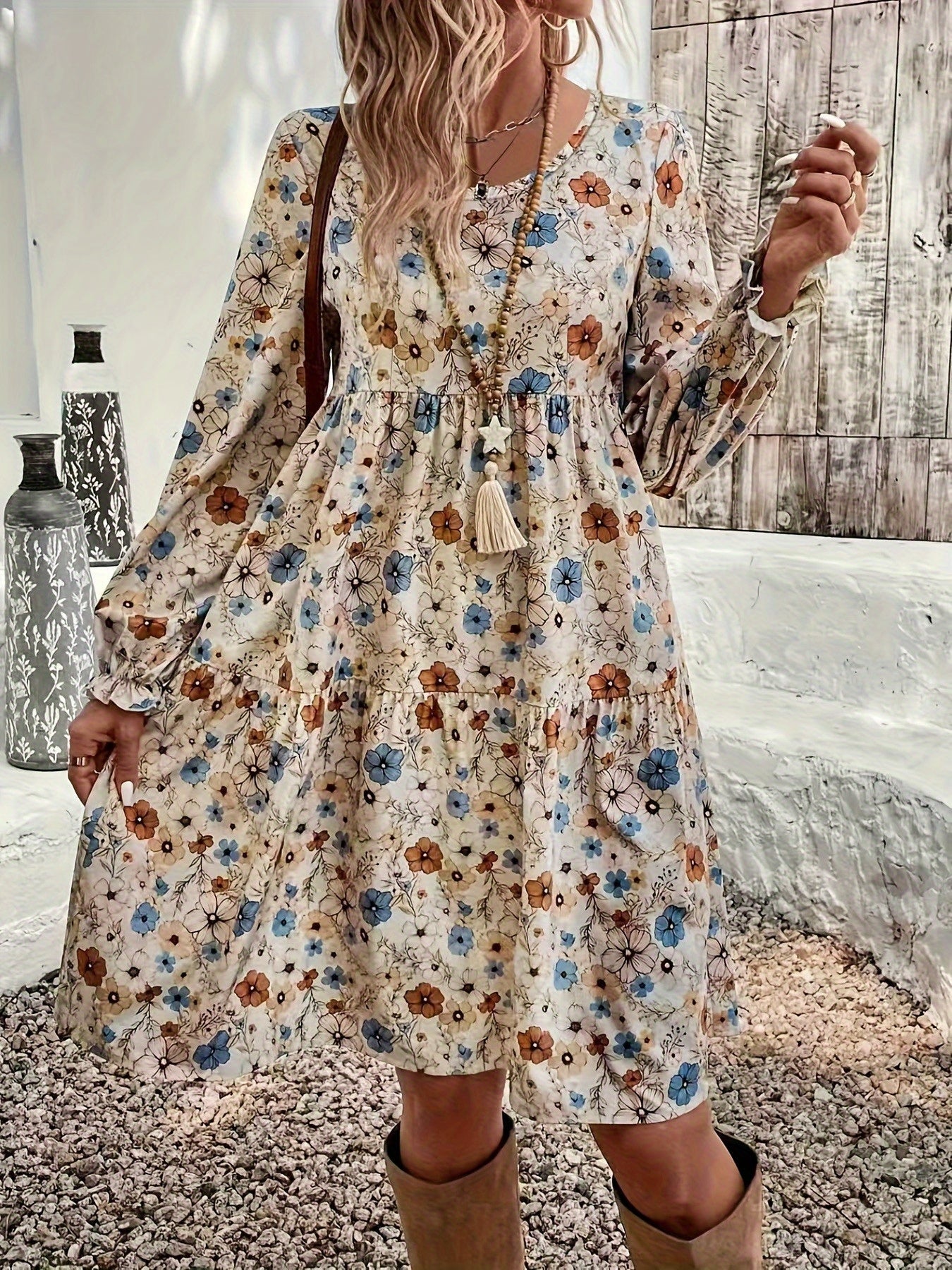 Floral Print Crew Neck Casual Long Sleeve Dress