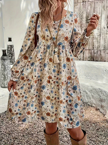 Floral Print Crew Neck Casual Long Sleeve Dress