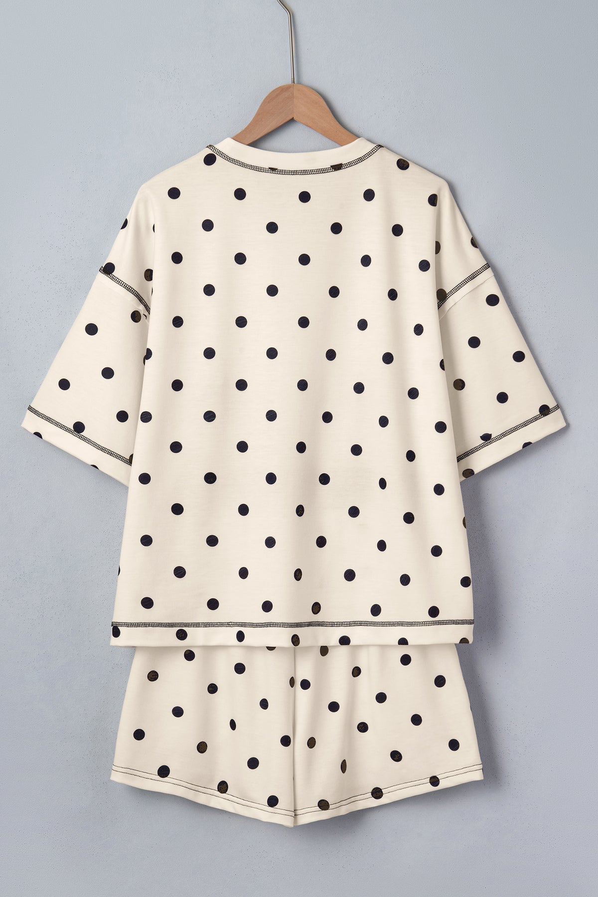 White Polka Dot Short Sleeve Loose Top Drawstring Shorts Set