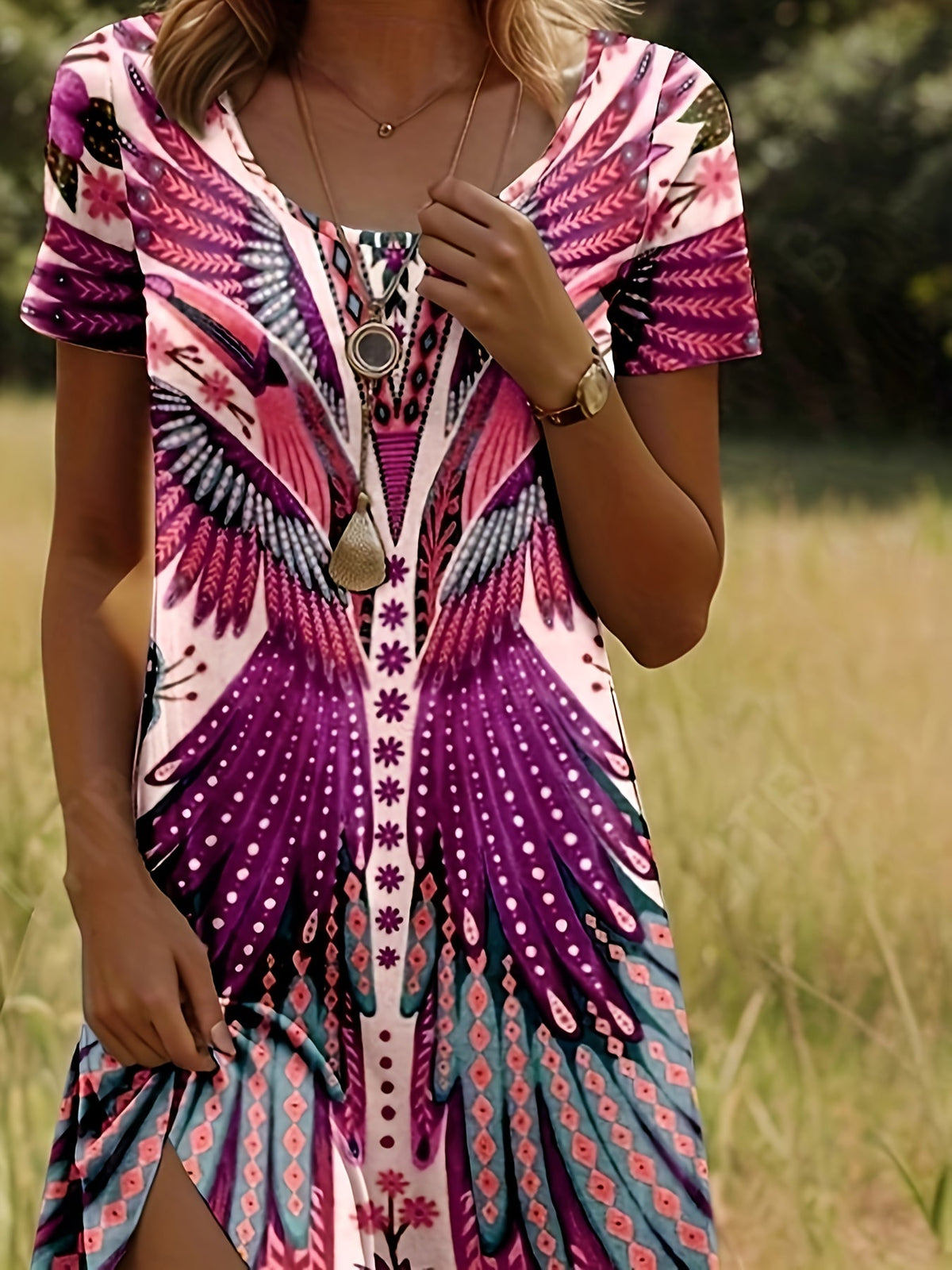 Elegant Floral Print Knee-Length Short Sleeve Round Neck A-Line Dress