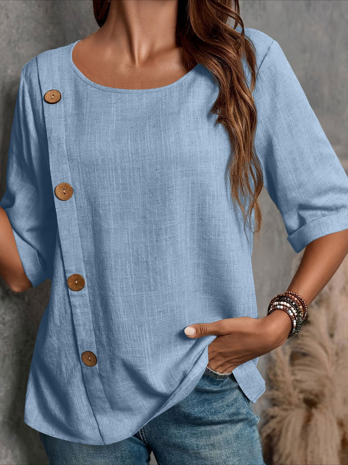 Vintage-Inspired Button-Up Round Neck Blouse with Puffed Sleeves