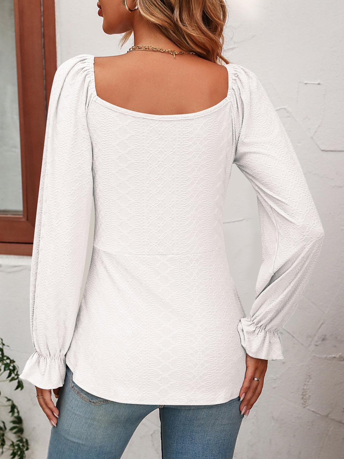 Jacquard Drawstring Front V Neck T-Shirt, Casual Long Sleeve Top