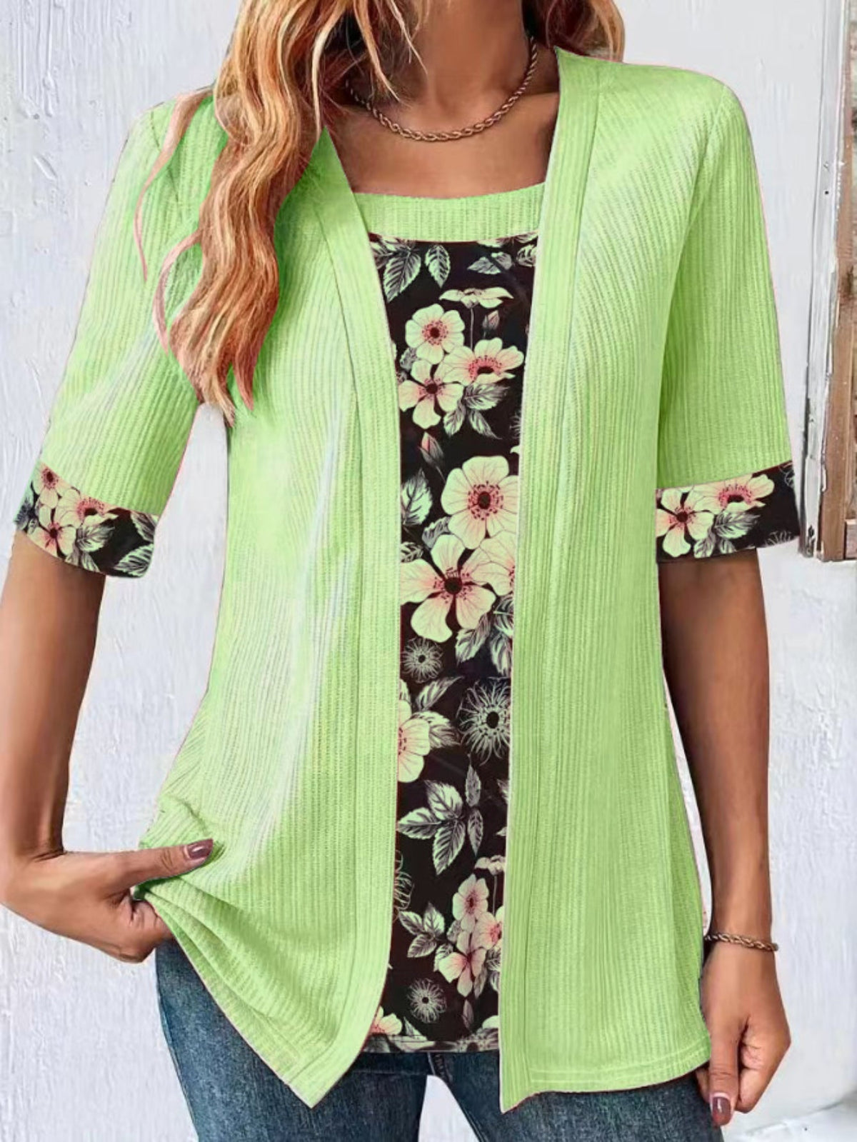 Ladies' Floral Print Fake Two Piece T-Shirt With Square Neckline