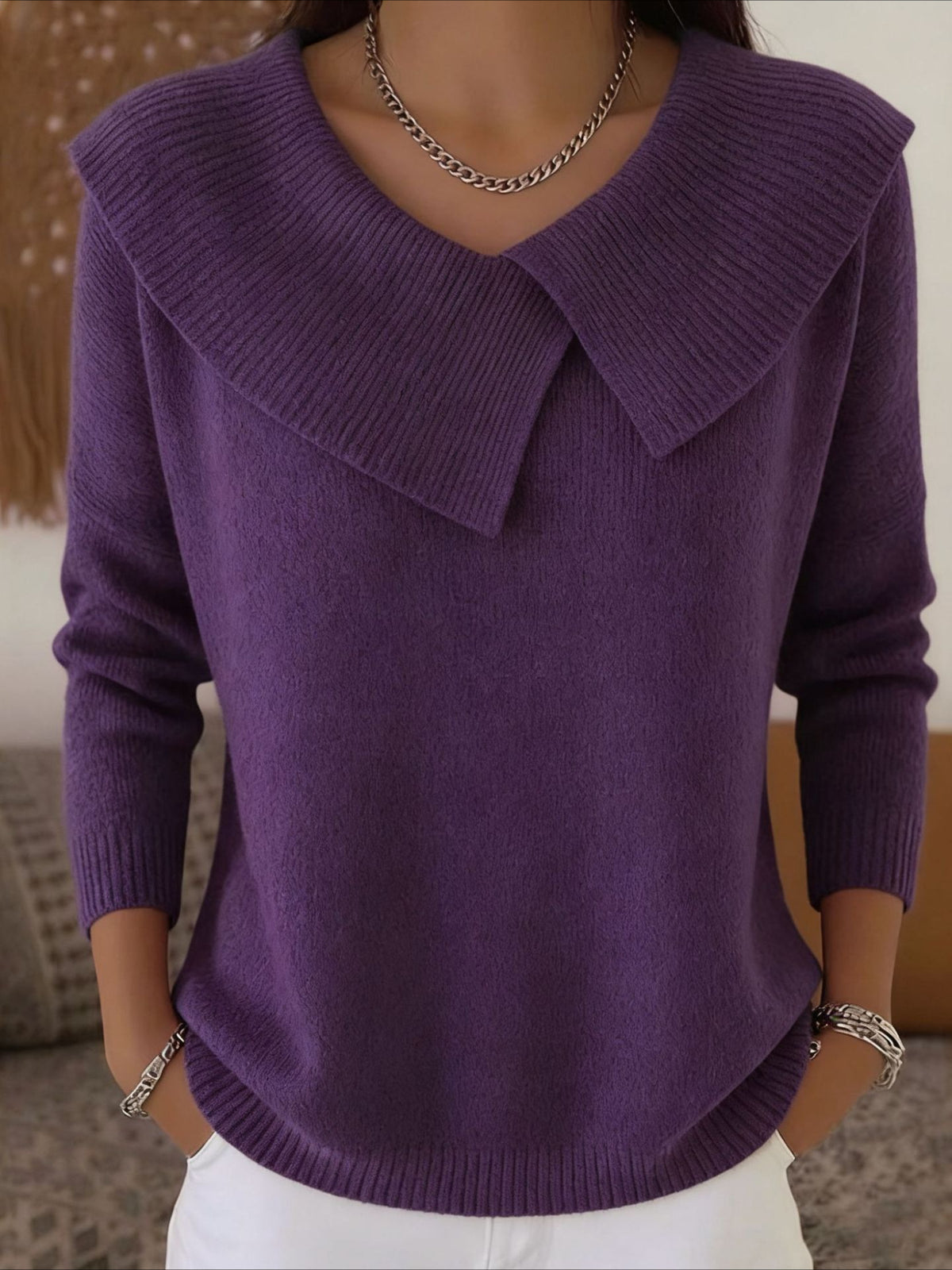 Solid Asymmetrical Lapel Color Long Sleeve Sweater