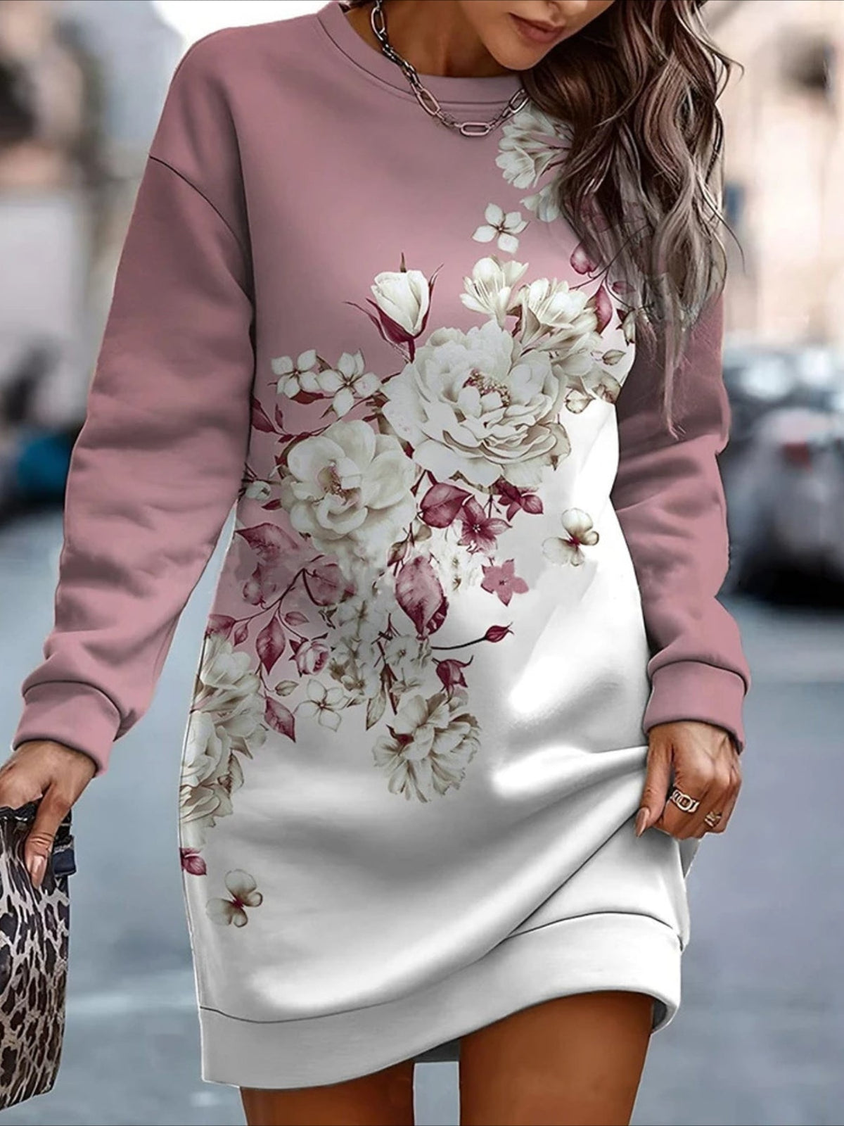 Women's Casual Geometric Pattern Long Sleeve Sweatshirt Dress - Polyester Knit Fabric, Fitted Style, Round Neck