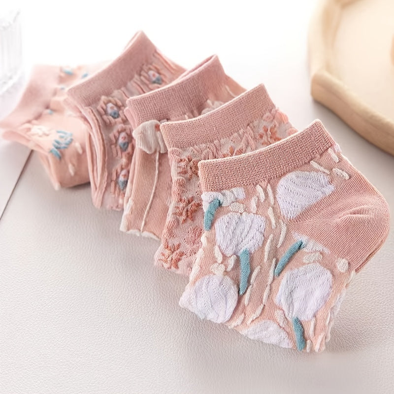 5 Pairs Kawaii Harajuku Flower Printed Socks, Cute JK Low Cut Short Crew Elastic Socks Soft Breathable Sock