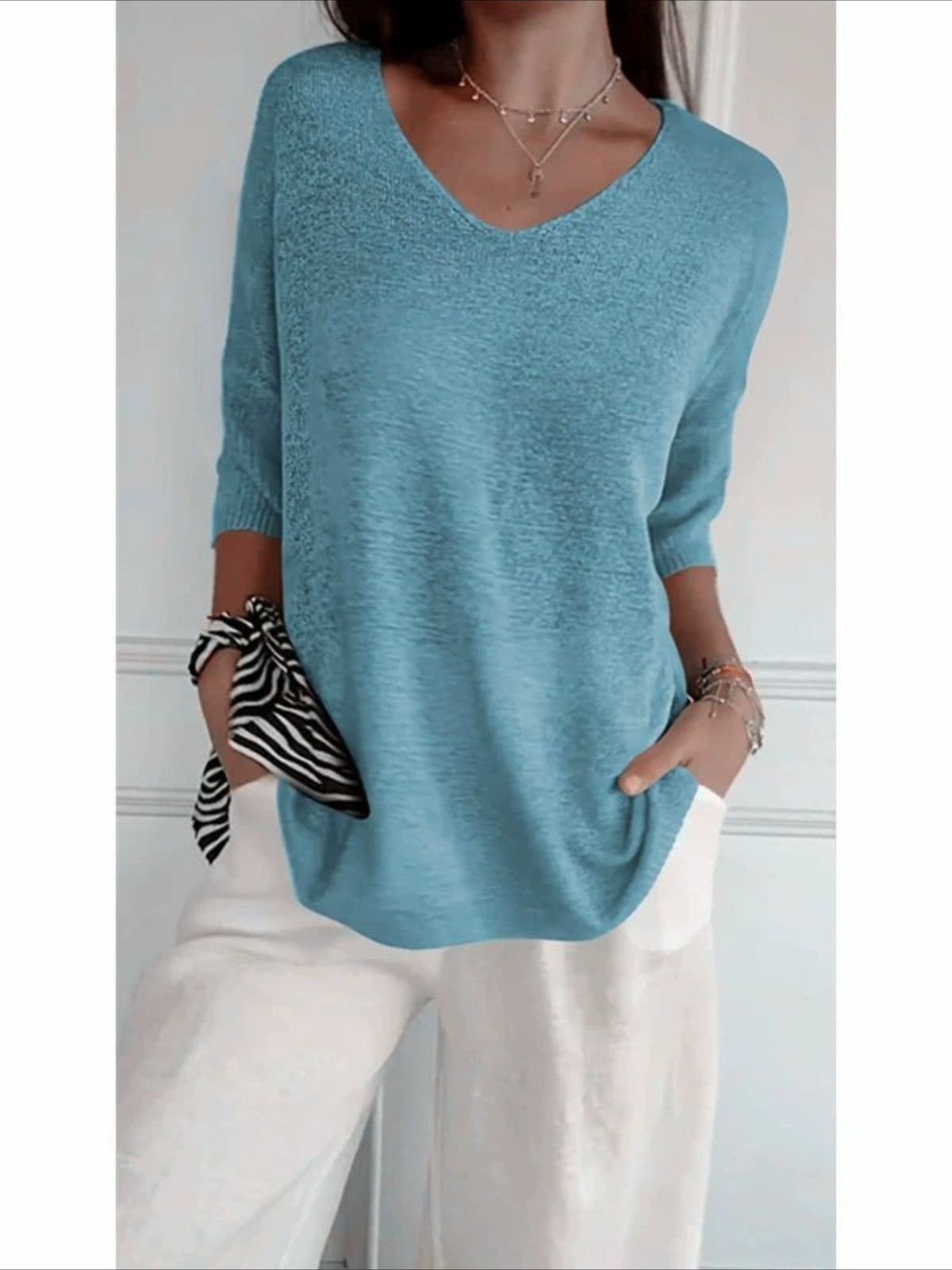 Lightweight Soft Casual 3/4 Sleeves V-Neck Sweater