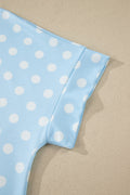 Sky Blue Polka Dot Print Color Block Trim Mock Neck Short Set