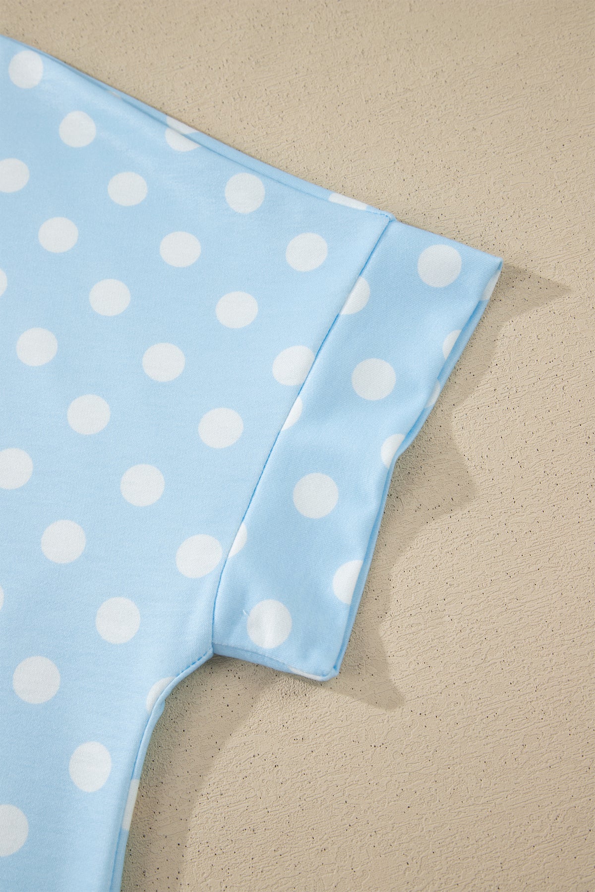 Sky Blue Polka Dot Print Color Block Trim Mock Neck Short Set
