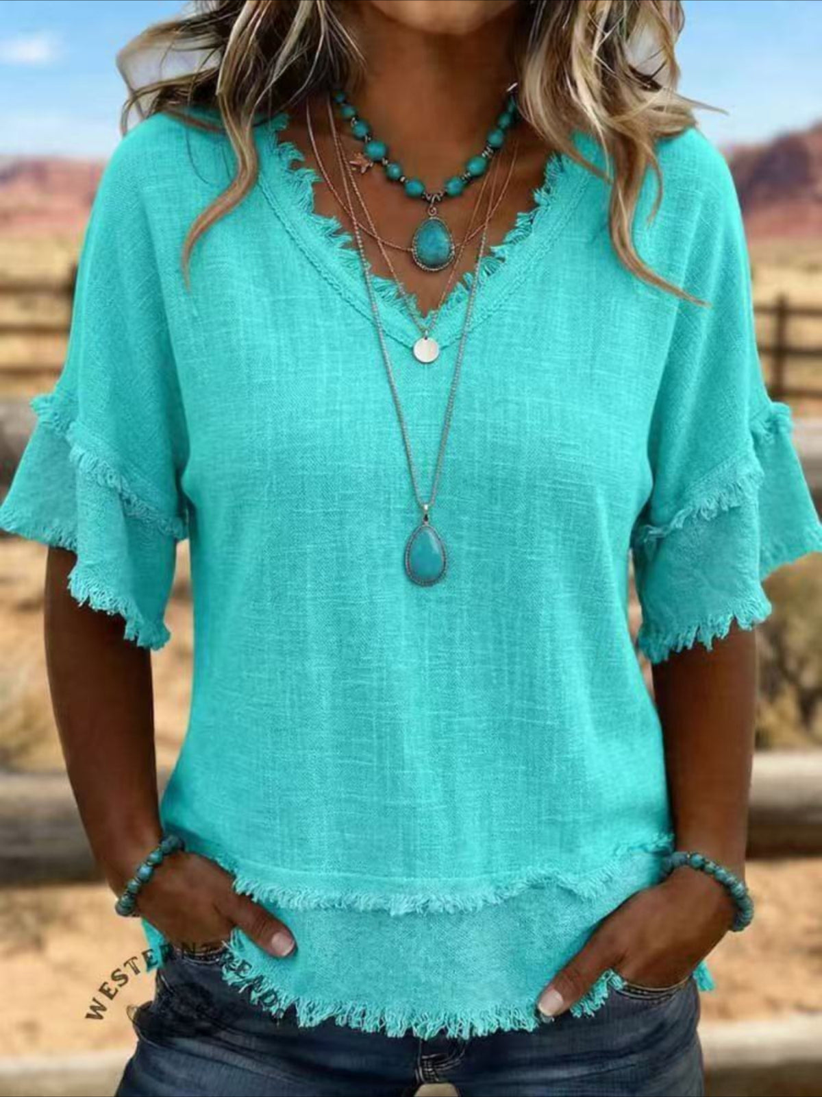 V Neck Pullover Short Sleeve Loose Casual Blouse